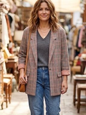 Liverpool Plaid Blazer Jacket in Black, Gray & Pink